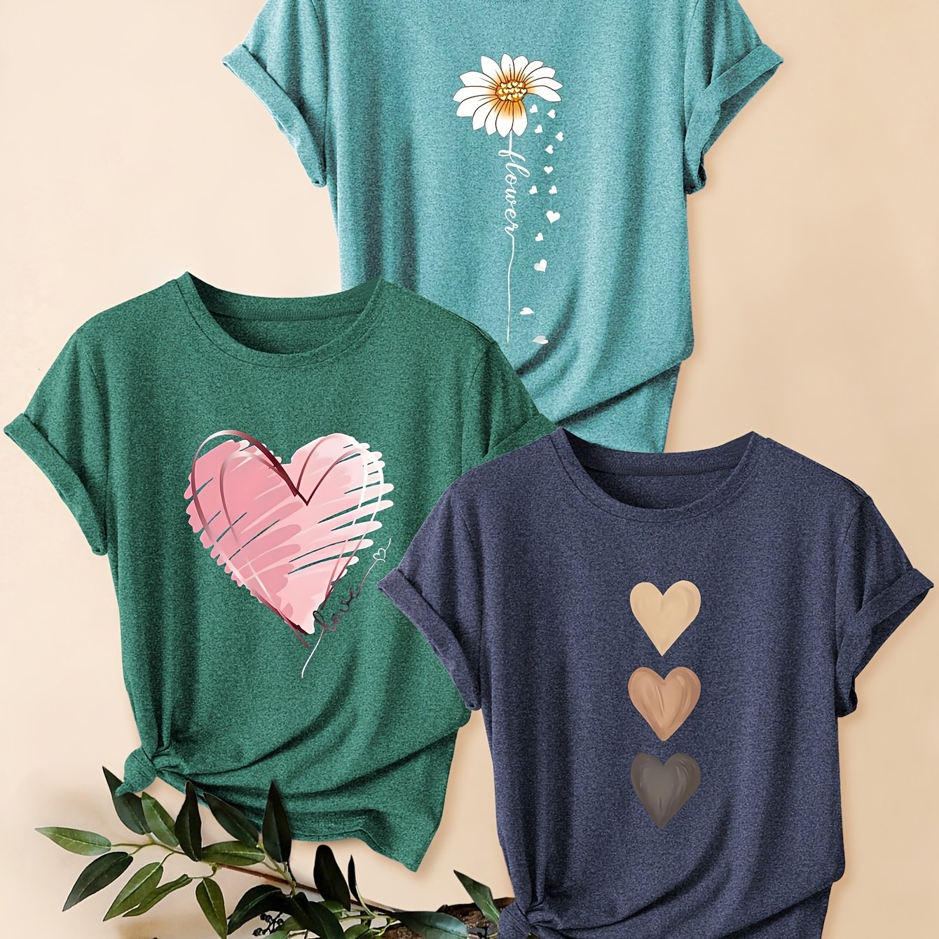 3pcs Women's Vintage-Inspired Graphic Tees - Floral & Heart Print Casual Short Sleeve T-Shirts, Soft Stretch Round Neck Tops for Spring Summer Fall,, Teal & Lavender, Seasonal Fashion, Artistic Design, Lightweight Tee, Printe - The Superior Findings Depot