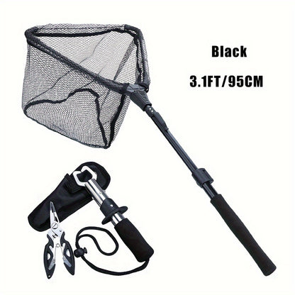 Complete Fishing Tool Set - Nets with Telescopic Folding Landing Net, EVA Handle, Durable Nylon Net Bag, Stainless Steel Fish Controller, and Fishing Pliers for Efficient Catching and Releasing