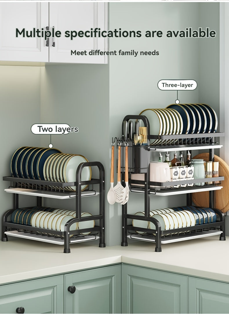 2025 Two/Three-Tier Carbon Steel Dish Rack with Drain Board, Cutlery Holder and Cup Hook - Space-Saving for Kitchen Countertop Storage - Black, No Electricity Required, Dish Drying Rack | Smooth Black Surface | Durable Kitche - The Superior Findings Depot