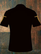 Men's Short-Sleeve Shirt with Golden Cross Graphic - Black Polyester Casual Summer Top with Zipper Detail and Vibrant Digital Print - Regular Fit for Casual Attire