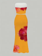 Women'S Elegant Off-Shoulder Floral Print Maxi Skirt Set - Vibrant Yellow with Pink & Orange Flowers, High-Waisted, Flowy Design, Perfect for Beach or Summer Outings, Beach Attire|Floral Print Skirt|Backless Skirt - The Superior Findings Depot