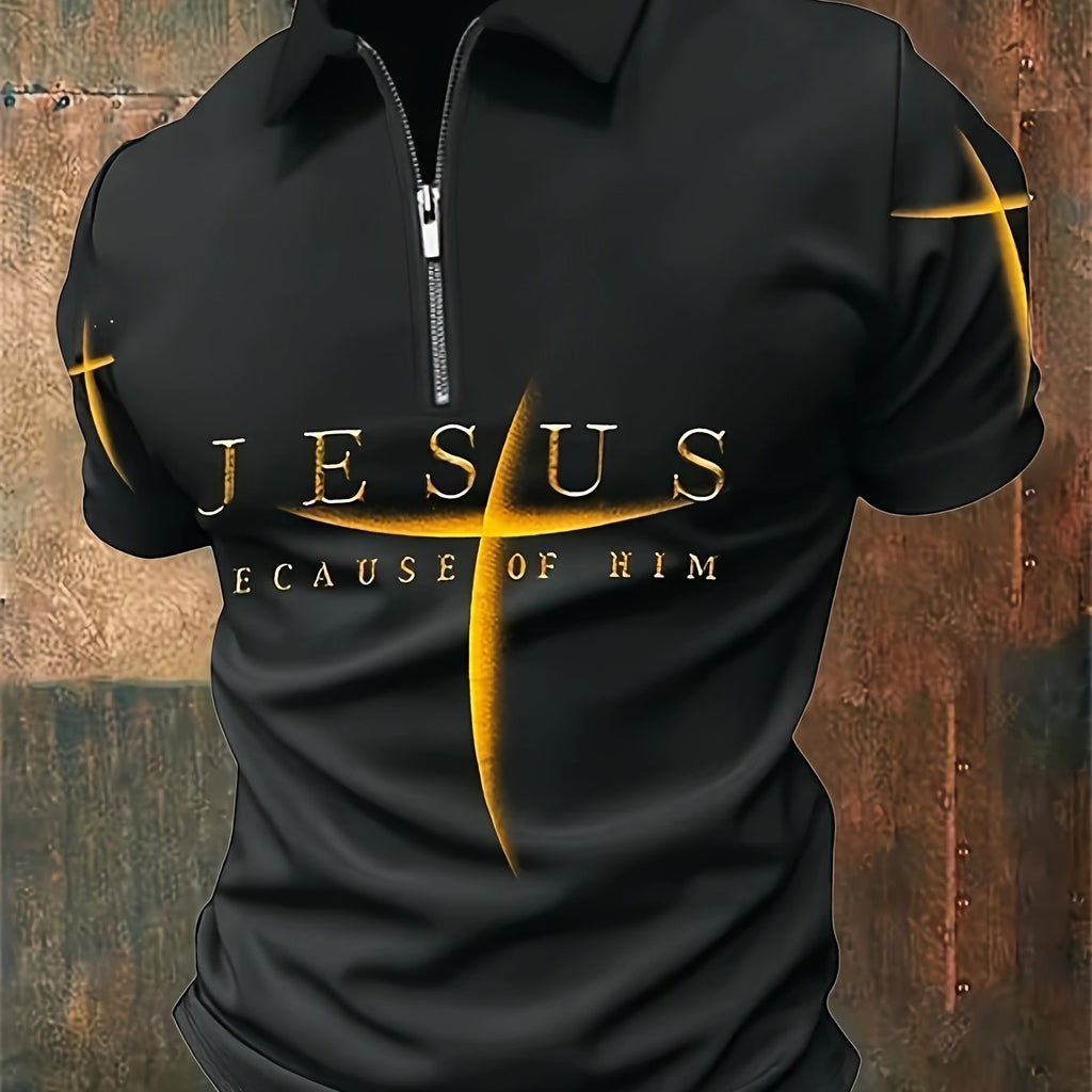 Men's Short-Sleeve Shirt with Golden Cross Graphic - Black Polyester Casual Summer Top with Zipper Detail and Vibrant Digital Print - Regular Fit for Casual Attire