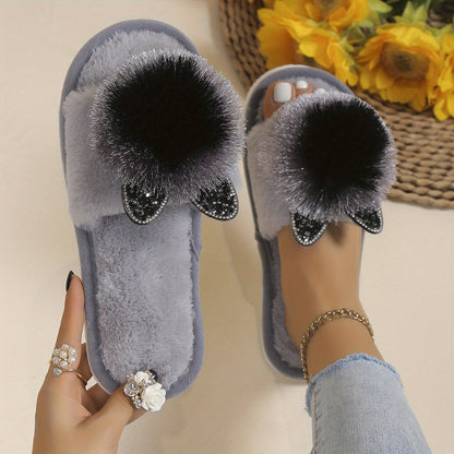 Soft Women's Slip-On Slippers | All-Season Indoor House Shoes with Plush Faux Fur Trim & Sparkling Embellishments - Cute Slippers, Loungewear Essentials, Playful Design, Durable EVA Sole