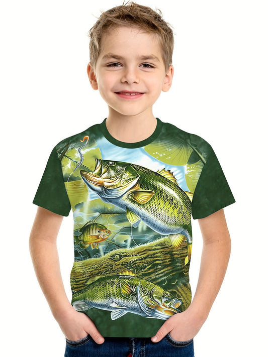 Knit Fishing Graphic Short Sleeve Crew Neck T-shirt For Boys, Cool Casual Breathable Summer Set Gift
