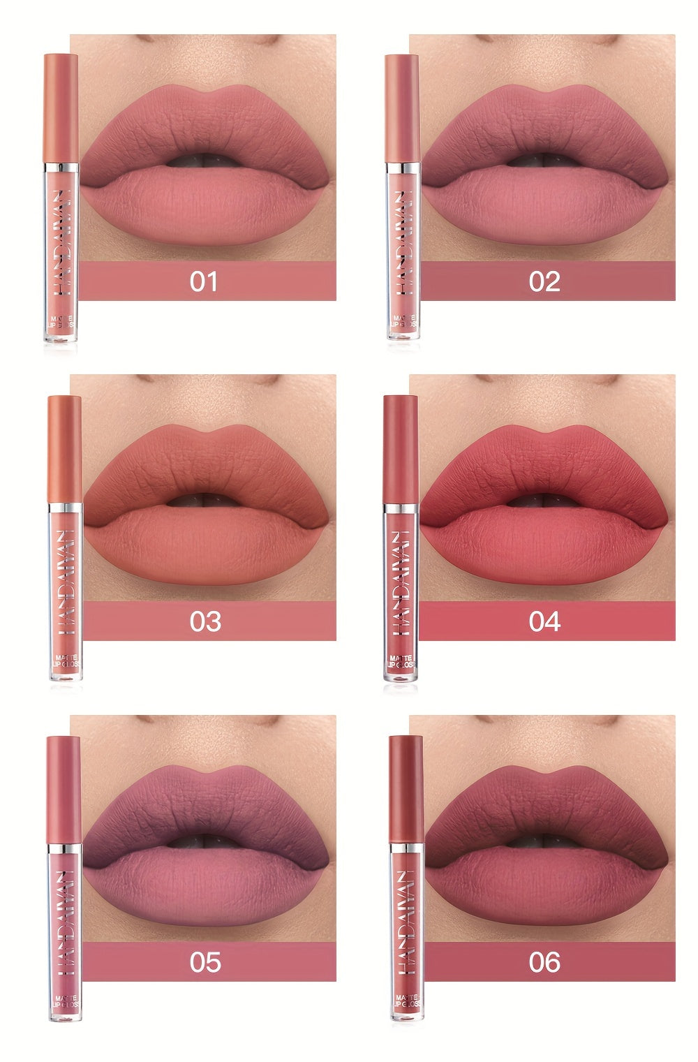 6pcs HANDAIYAN Matte Liquid Lipstick Set - Waterproof Long-Lasting Full Coverage Lip Gloss, Non-Stick Formula with 6 Shades (, Nude, Burgundy, Deep, Plum,) - Lip Tint Kit for  Lips & All Light Types - The Superior Findings Depot