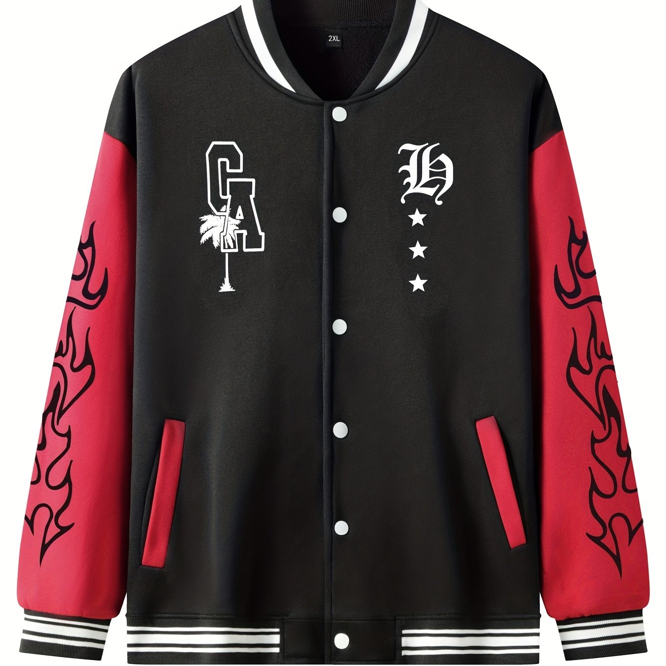 Warm Letter Print Star Pattern Embroidery Varsity Jacket, Men's Casual Color Block Button Up Jacket For Spring Fall School Baseball - The Superior Findings Depot