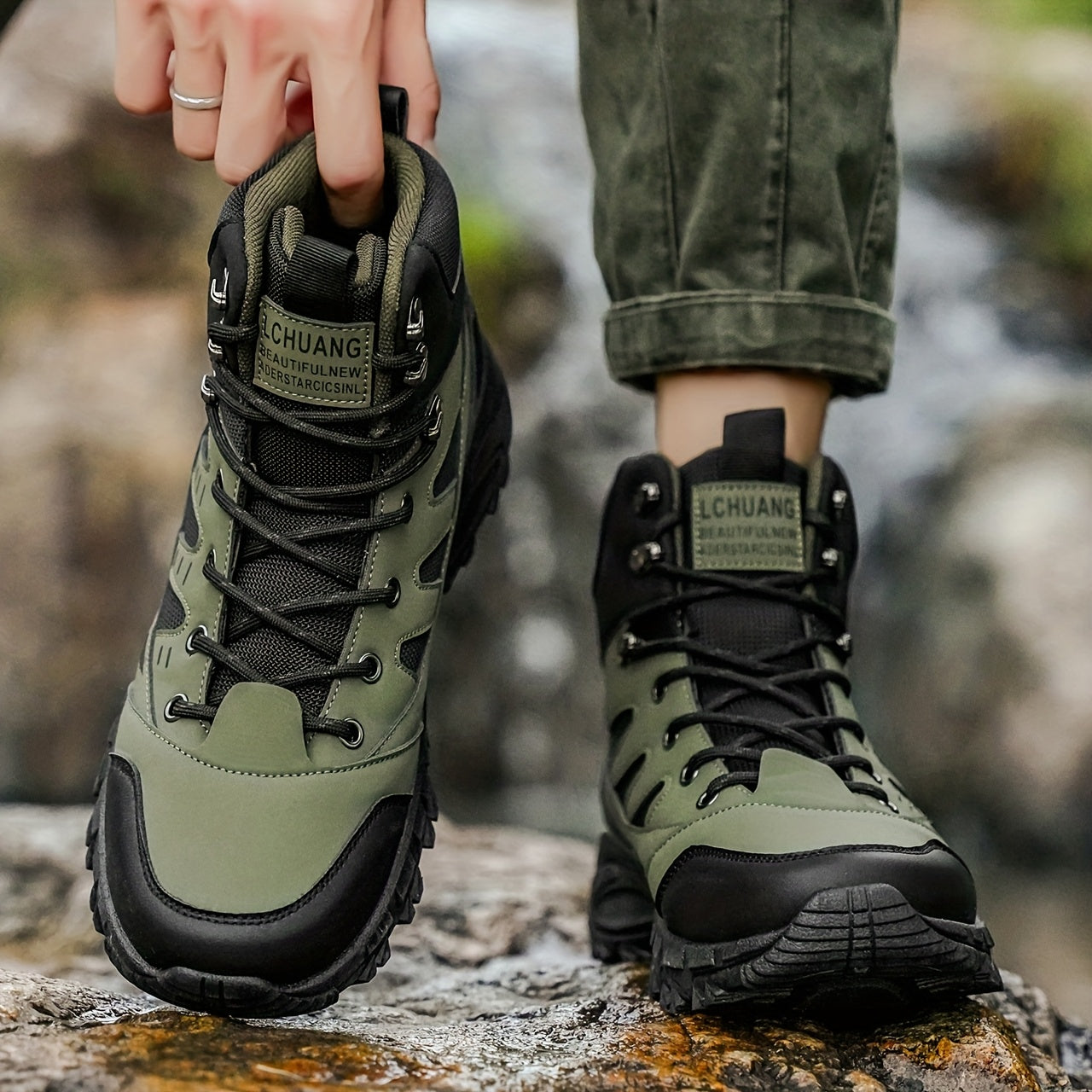 Heavy-Duty High-Top Outdoor Boots - Olive Green/Grey All-Terrain