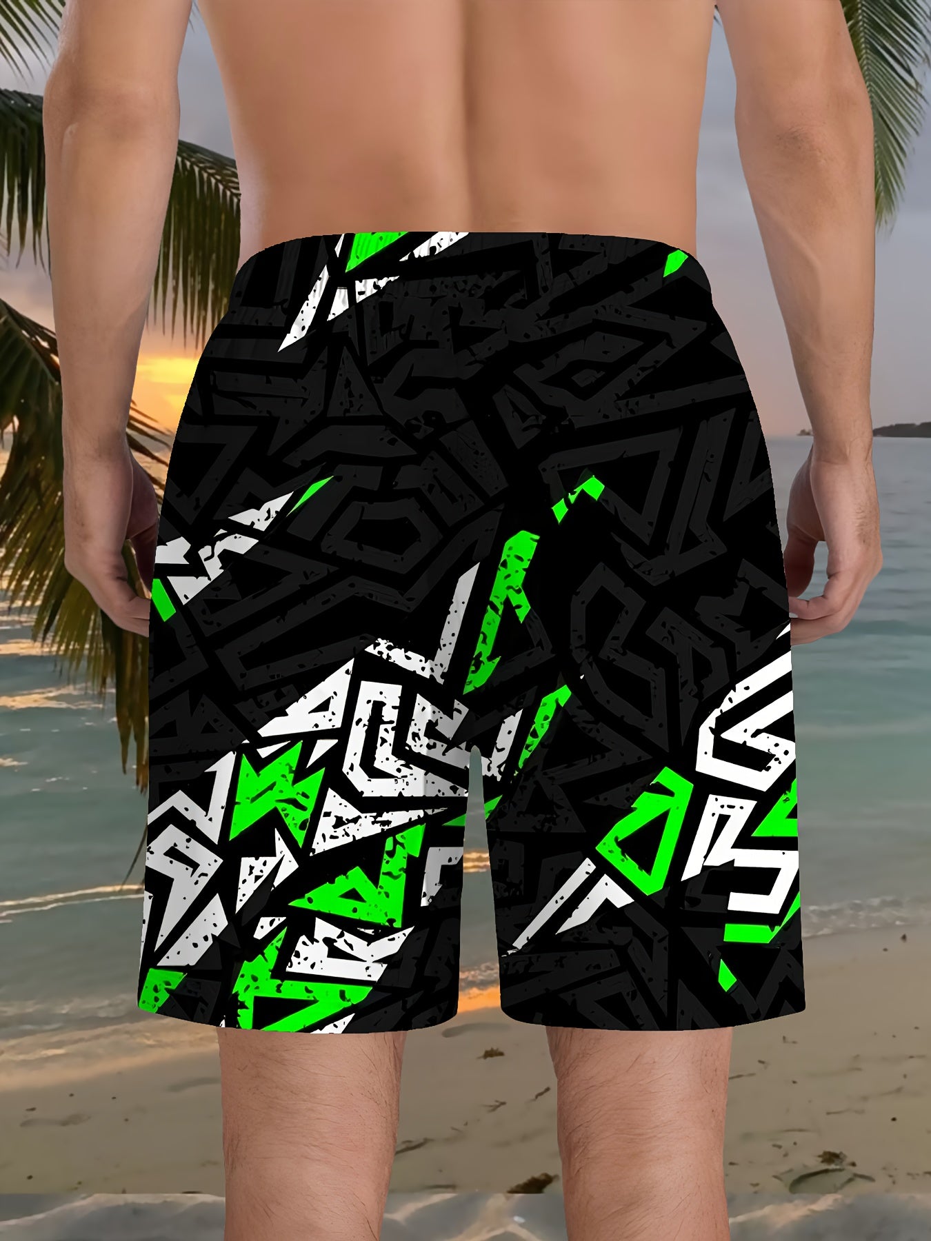 Men's Stylish Geometric Print Beach Shorts - 3D Design Drawstring
