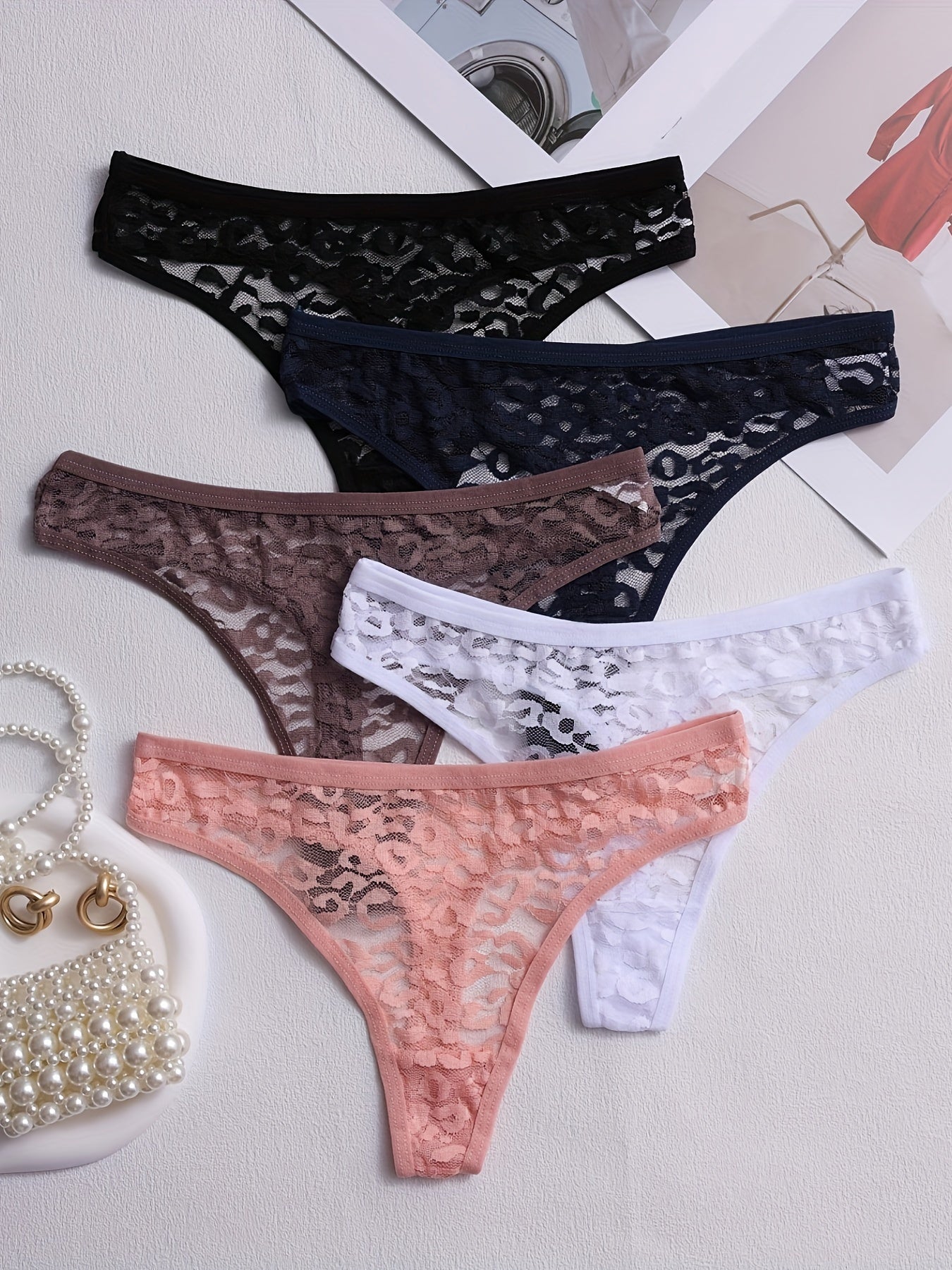 5pcs for Women, Mid-Rise, Transparent Floral Design, Sexy Lingerie, Breathable Underwear In - The Superior Findings Depot