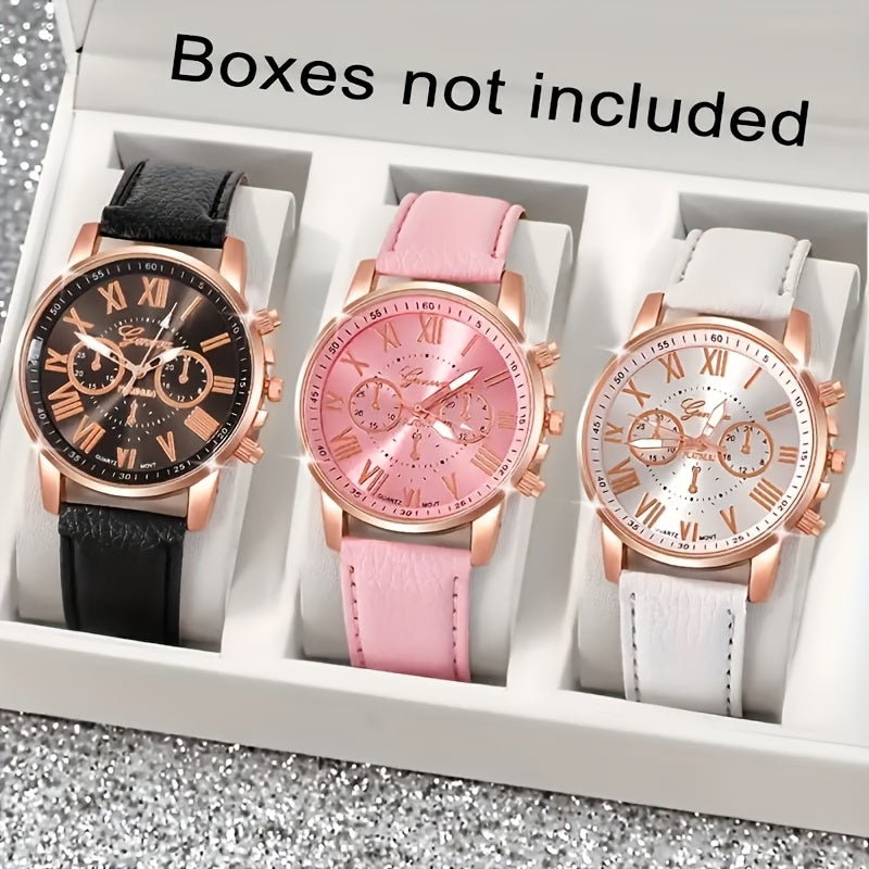 3pcs Fashionable And Simple Roman Watch Round Quartz Watch PU Leather Wrist Ideal Choice for Gifts - The Superior Findings Depot