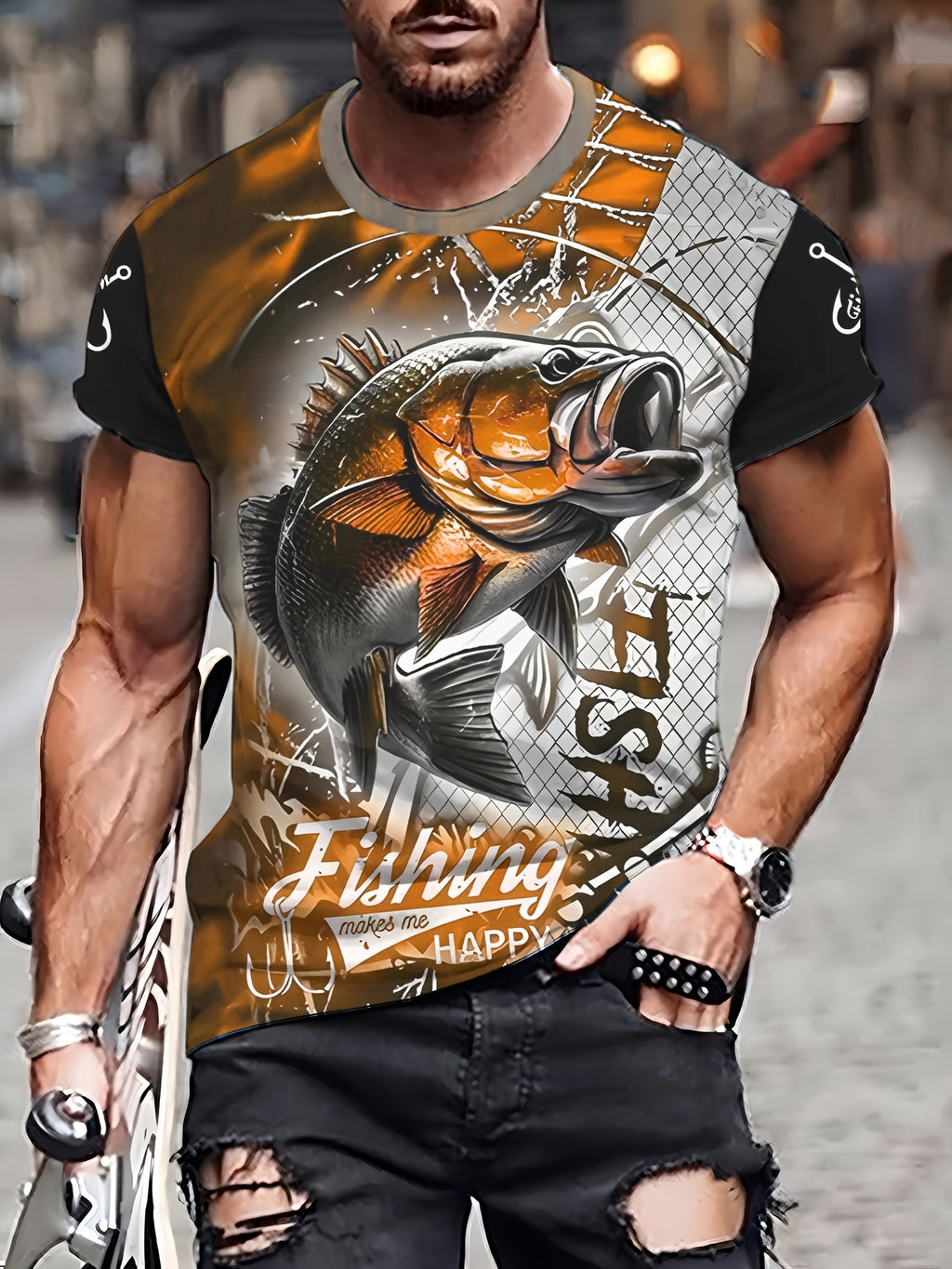 Men'S 3D Printed Fish T-Shirt | Suitable for Summer Outdoor Activities, Fishing, and Cycling | Crew Neck, Regular Fit, Slight Stretch Fabric