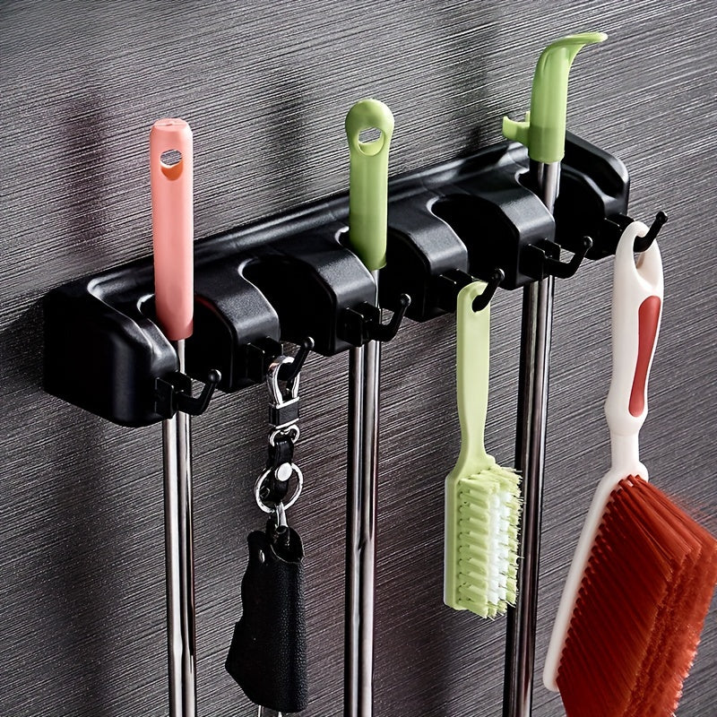 1pc Broom Holder, Wall Mounted Garden Tool Organizer, Home Laundry Room, Closet, Shed, Garage Organization And Storage Utility Rack, 5 Slots & 6 Hooks - The Superior Findings Depot