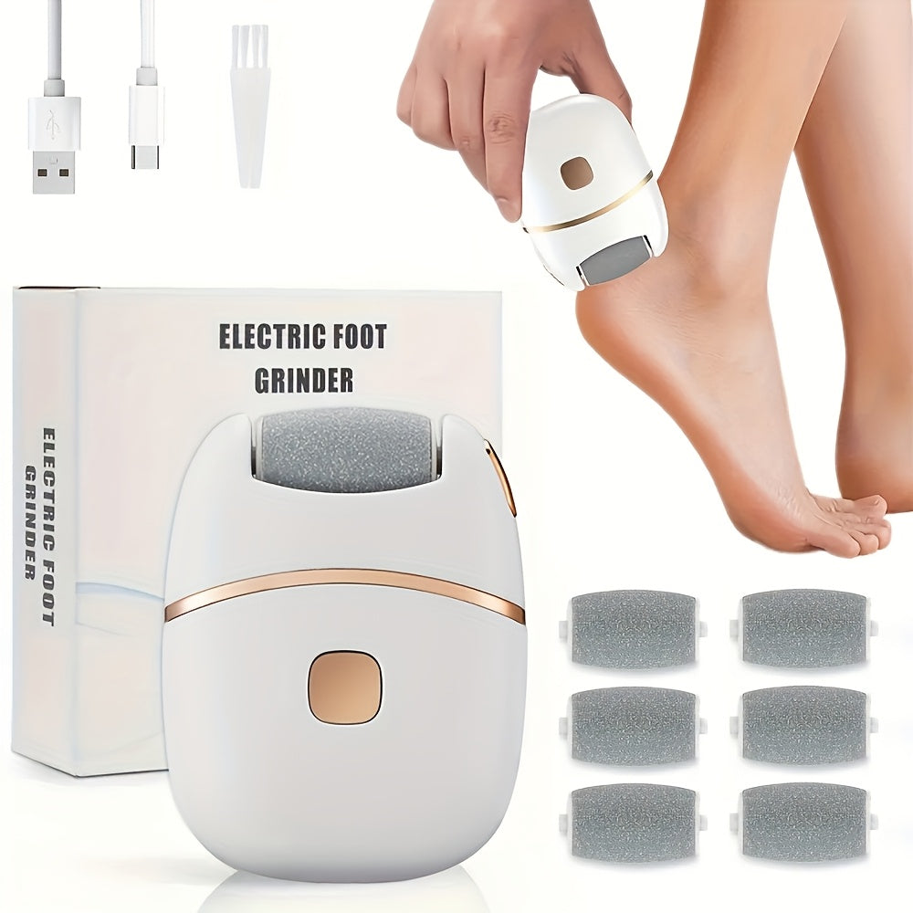 Rechargeable Electric Foot Exfoliator with 6 Replaceable Heads for Dead Skin Removal and Polishing, USB Powered, Ergonomic Handle in White and Golden - The Superior Findings Depot