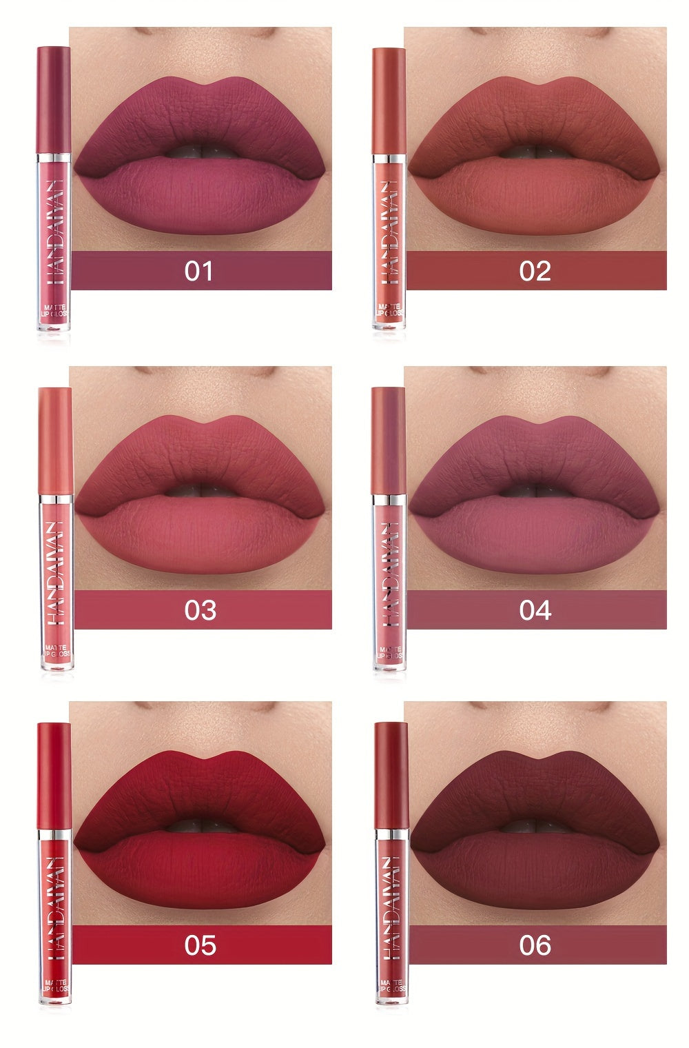 6pcs HANDAIYAN Matte Liquid Lipstick Set - Waterproof Long-Lasting Full Coverage Lip Gloss, Non-Stick Formula with 6 Shades (, Nude, Burgundy, Deep, Plum,) - Lip Tint Kit for  Lips & All Light Types - The Superior Findings Depot