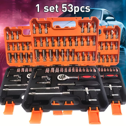 53pcs Universal Car Repair Tool Set - Comprehensive Automotive Maintenance Solution - High-Quality Durable Accessories Suitable for DIY Repairs and Daily Use, Industrial Professional Manual Tool Kit Including Socket Wrenches