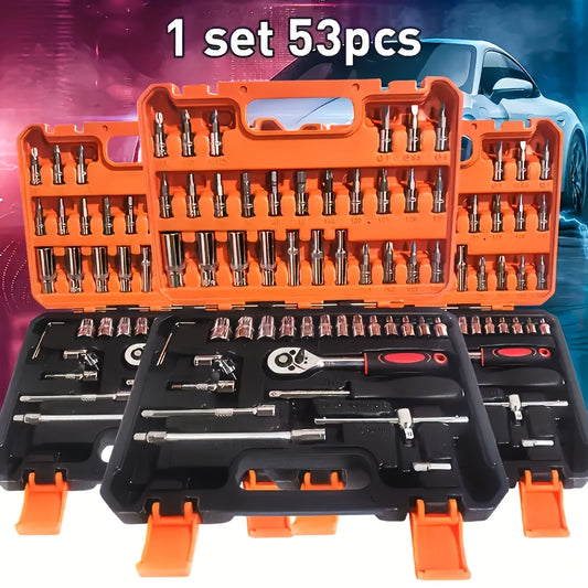 53pcs Universal Car Repair Tool Set - Comprehensive Automotive Maintenance Solution - High-Quality Durable Accessories Suitable for DIY Repairs and Daily Use, Industrial Professional Manual Tool Kit Including Socket Wrenches