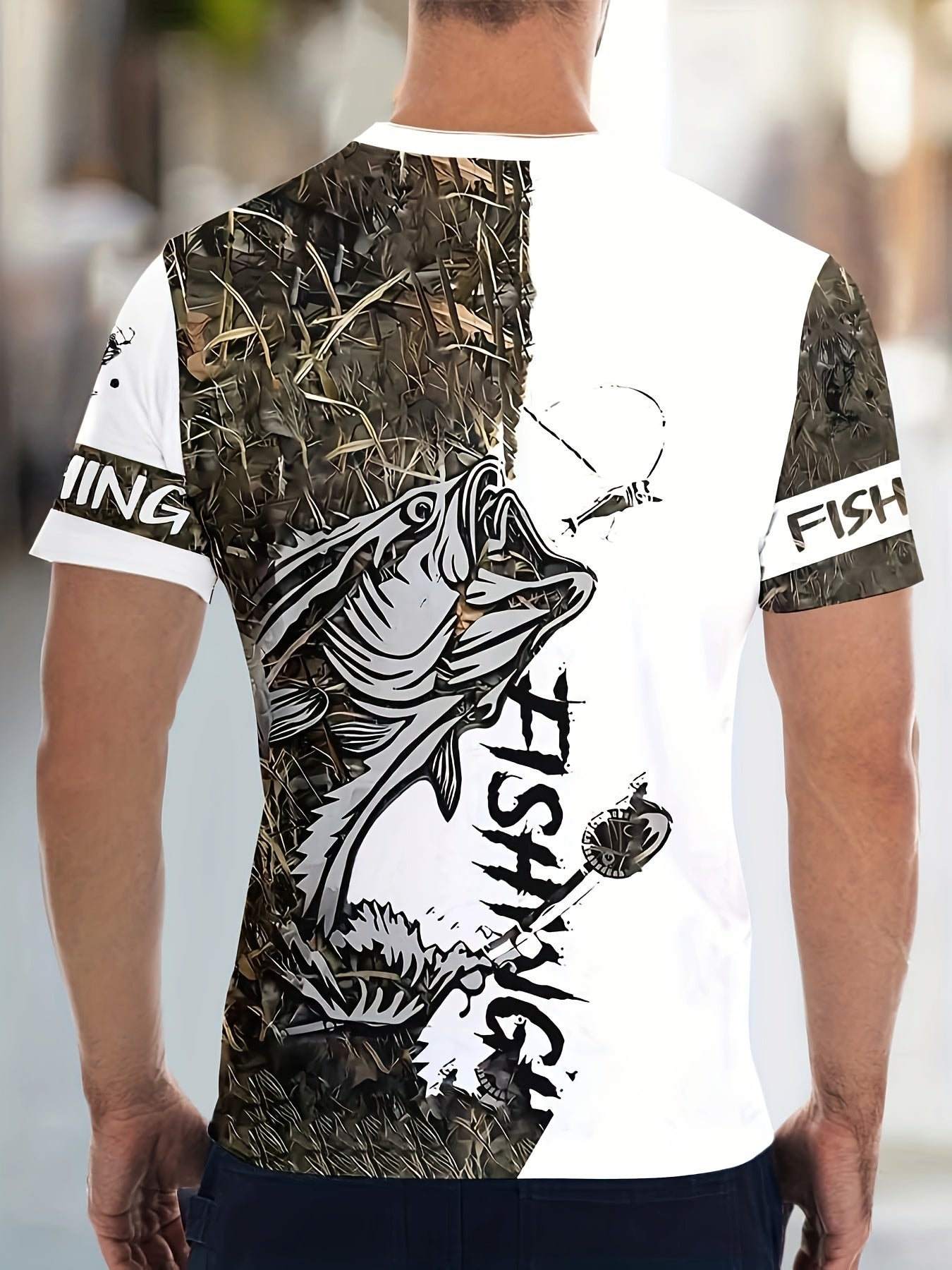 Men's Fashion Casual Crew Neck 3D Fishing Print T-Shirt, 100% Polyester Knit Fabric, Casual Style with Slight Stretch, Regular Fit Animal Pattern Tee
