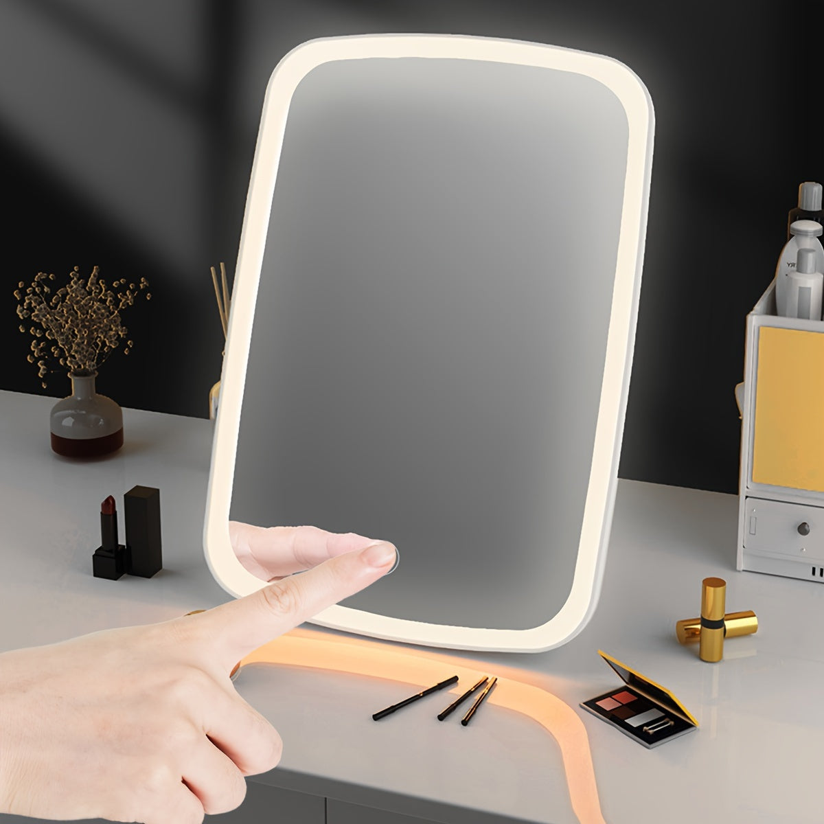 1pc LED Makeup Mirror with 3-Color Lighting (White/Natural/Warm Light), Adjustable Brightness, Touch Switch, USB Rechargeable, Portable Foldable Design, Polished Glass Surface & Floral Theme - Compact Travel-Friendly Vanity M - The Superior Findings Depot