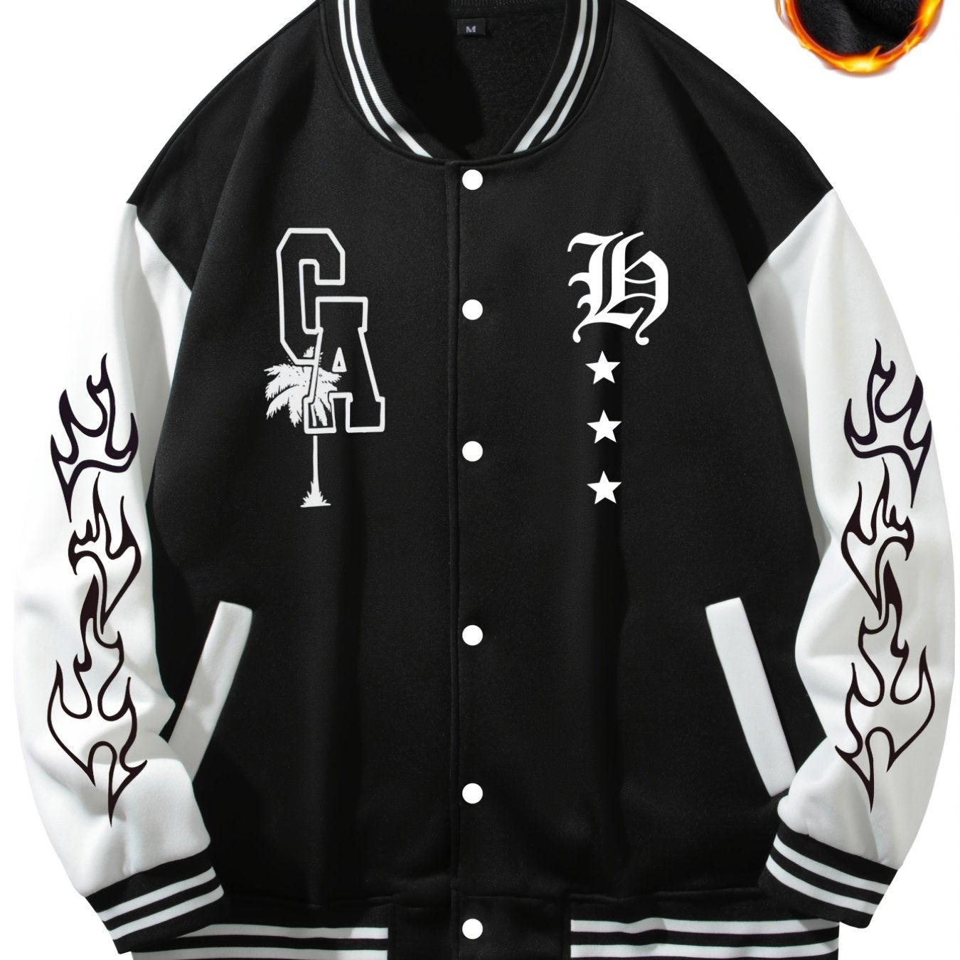 Warm Letter Print Star Pattern Embroidery Varsity Jacket, Men's Casual Color Block Button Up Jacket For Spring Fall School Baseball - The Superior Findings Depot