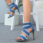 Women'S Denim Peep-Toe High Heel Sandals with Back Zipper and Cut-Out Design, Frayed Edge Detail, Summer 2025 Fashion, White Heels, Open Toe, Rubber Sole, Synthetic Insole and Upper, Fashion Sandals | Peep Toe Sandals | Intri - The Superior Findings Depot