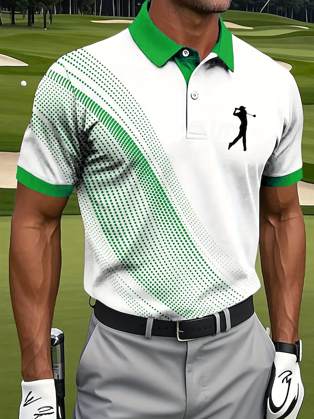 Men'S Classic White & Blue Polo Shirt with 3D Golf Ball Print - Breathable Summer Casual Wear, Regular Fit, Button-Up Collar, Lightweight Fabric for Golf, Park & Casual Attire, Golf Shirt, Park Attire, Sporty Style, Comfortab