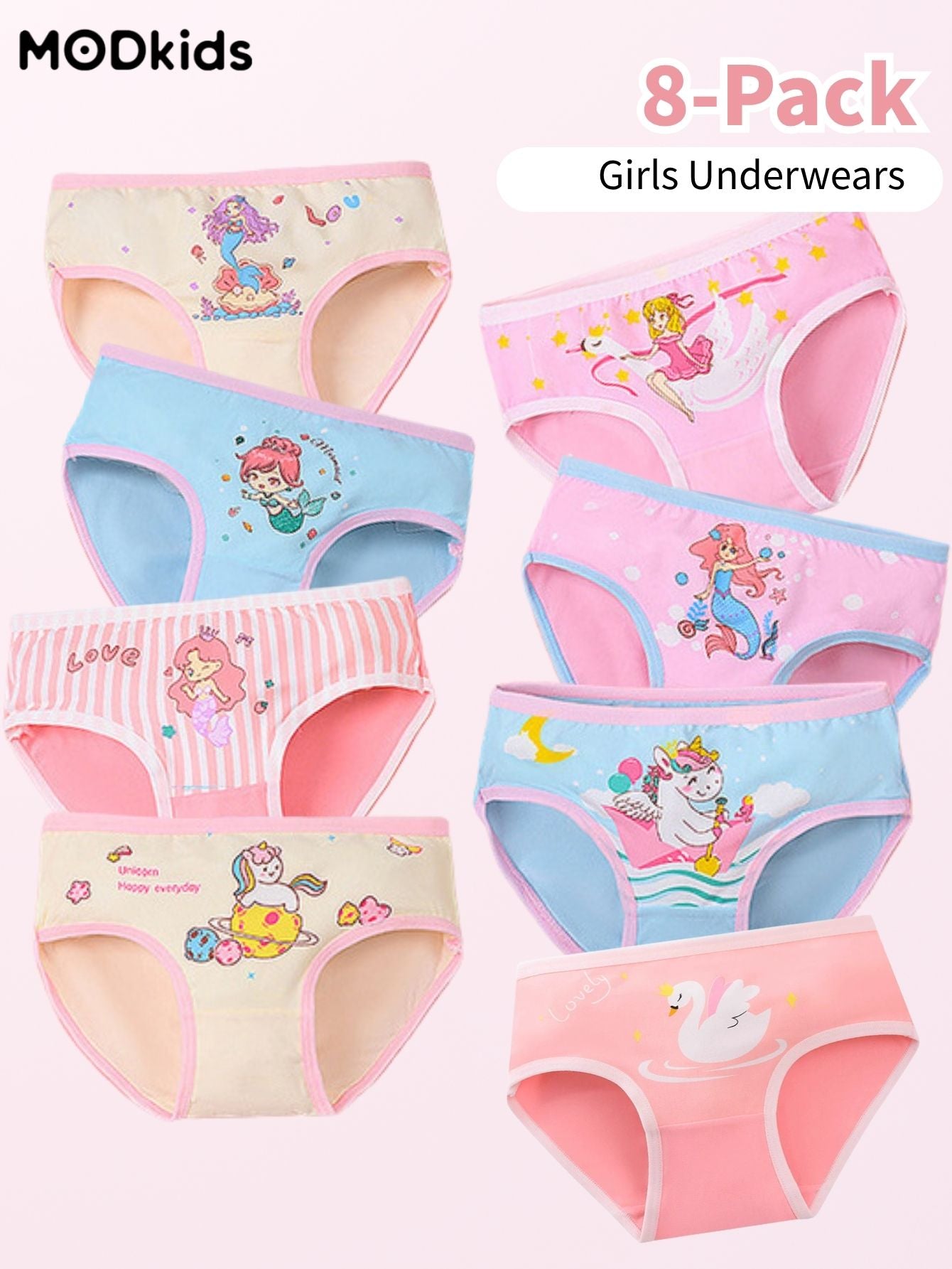 8-Pack Girls' Underwear - Pink Briefs Unicorn & Mermaid Print