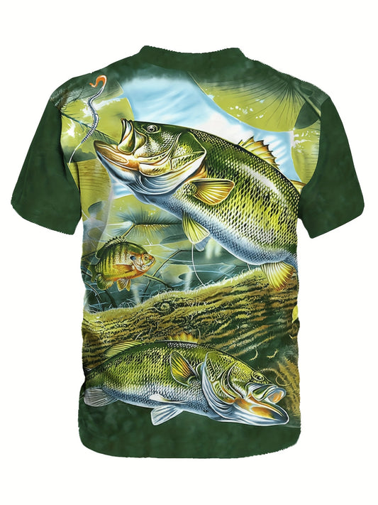 Knit Fishing Graphic Short Sleeve Crew Neck T-shirt For Boys, Cool Casual Breathable Summer Set Gift
