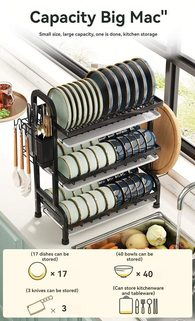 2025 Two/Three-Tier Carbon Steel Dish Rack with Drain Board, Cutlery Holder and Cup Hook - Space-Saving for Kitchen Countertop Storage - Black, No Electricity Required, Dish Drying Rack | Smooth Black Surface | Durable Kitche - The Superior Findings Depot