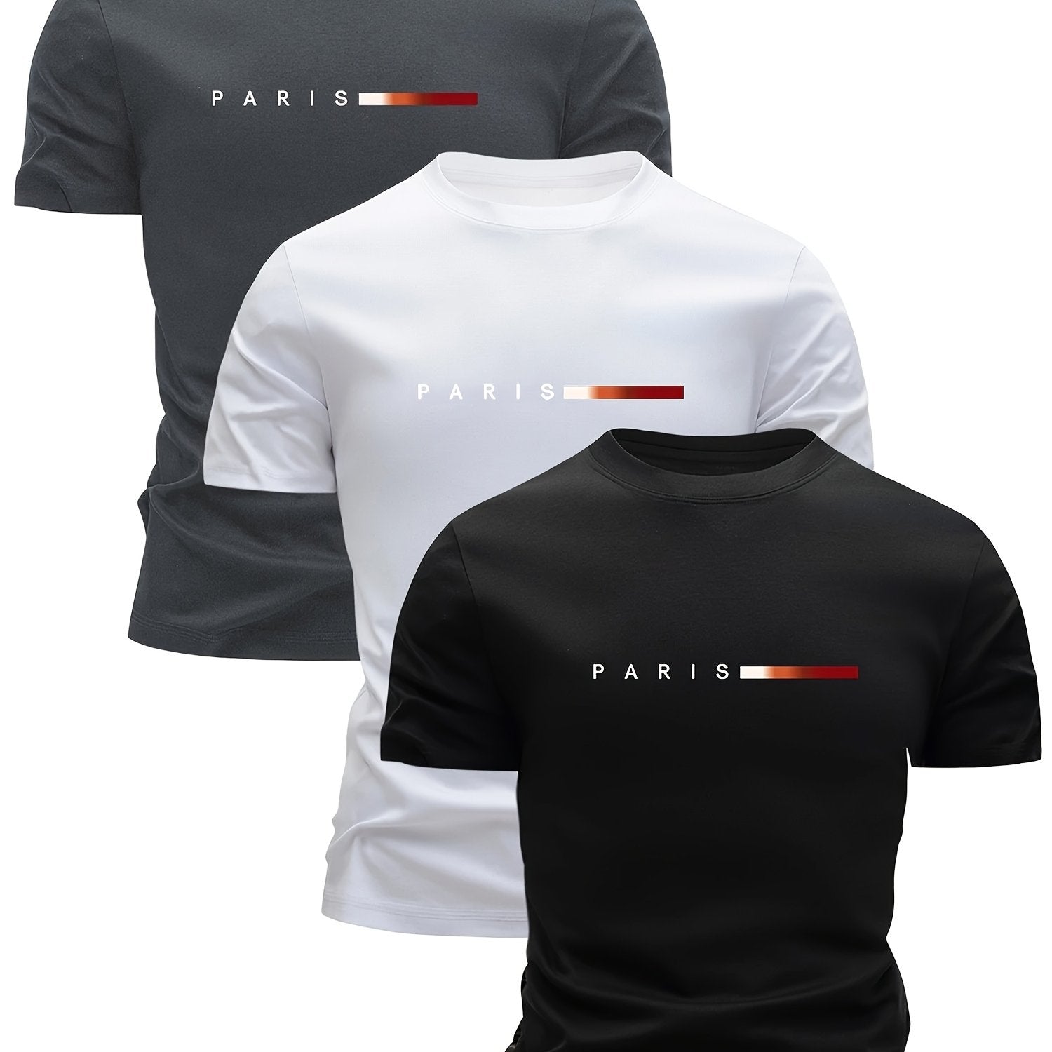 3pcs Men'S Lightweight Breathable T-Shirts - Quick-Dry Moisture-Wicking Round Neck Tops with Paris Print, All-Season Casual & Formal Wear, Sweat-Resistant - The Superior Findings Depot