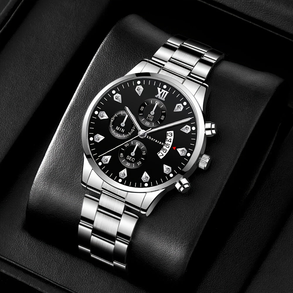 4pcs Men's Cool Trendy Silvery Watch + Chain Accessory Set, Quartz Movement, Zinc Alloy Case & Strap, Electronic Drive, Non-Rechargeable Battery, Round Dial, Pointer Display, Sports Style, Suitable for Him on Anniversary Birt - The Superior Findings Depot