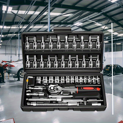 46pcs Mechanical Tool Socket Set, 1/2" 1/4" 3/8" Drive SAE and Metric Sizes, Universal Ratchet Wrench Set with 72-Tooth Ratchet for Automotive, Home, Garage, Bicycle Trunk