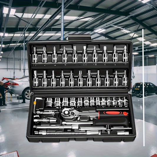 46pcs Mechanical Tool Socket Set, 1/2" 1/4" 3/8" Drive SAE and Metric Sizes, Universal Ratchet Wrench Set with 72-Tooth Ratchet for Automotive, Home, Garage, Bicycle Trunk