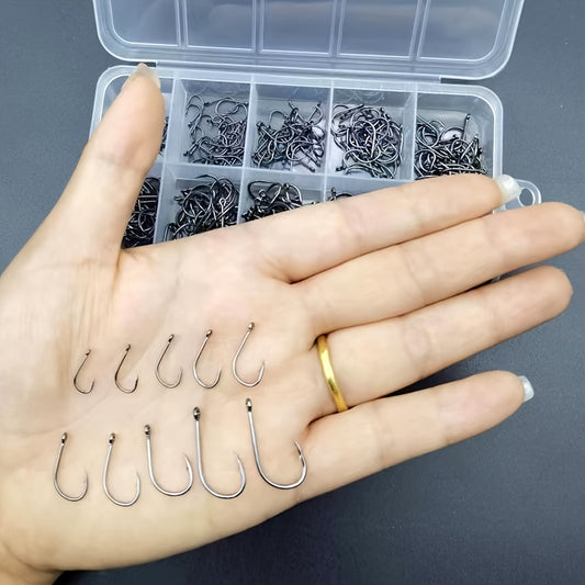 100/200/300/400/500pcs 3# - 12# Mixed Sizes Fishing Hook Set, Barbed Fishing Hooks With Eye, Fishing Tackle