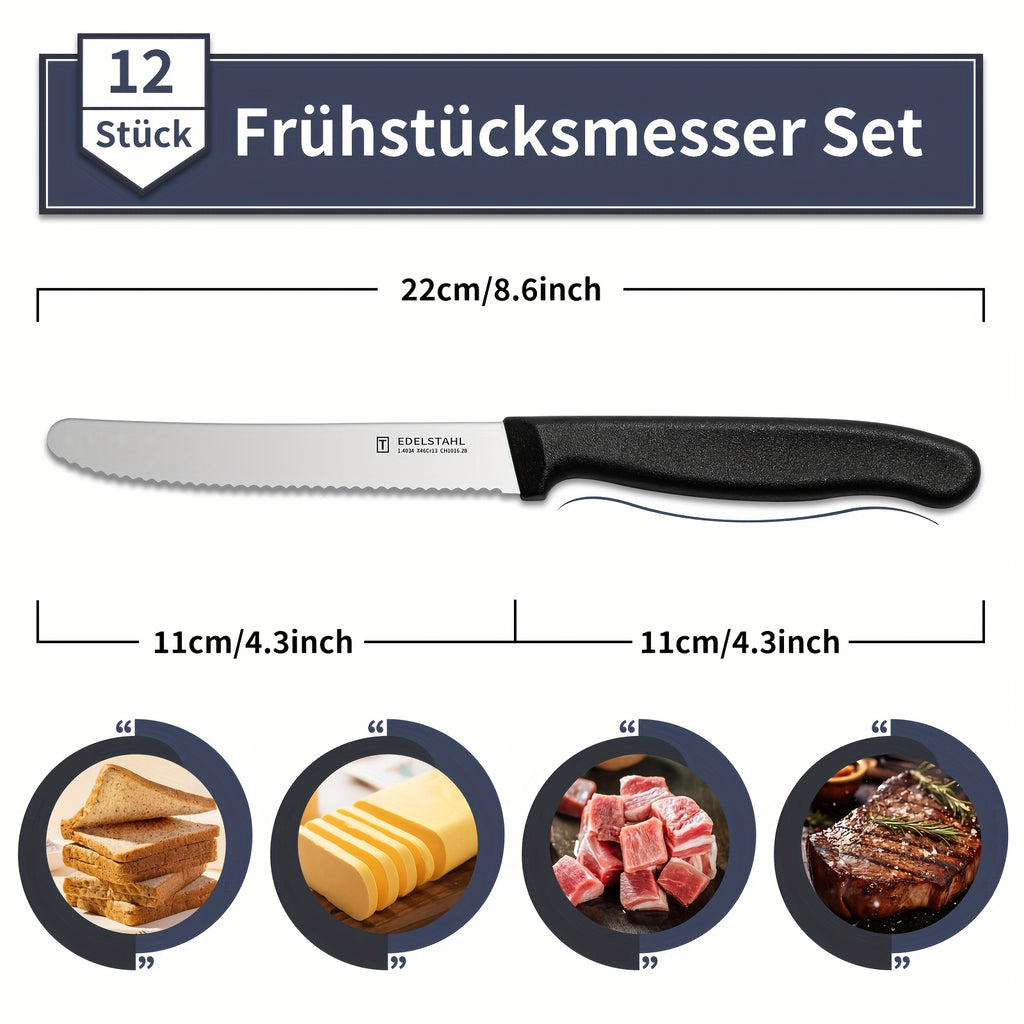 12-Piece Tomato Knife, Snack Knife, Sharp Blade, Corrugated Cut, Breakfast Knife, High Quality Stainless Steel Table Knife, Durable Bread Knife, Sharp Knife, Dishwasher Safe(Black handle) - The Superior Findings Depot
