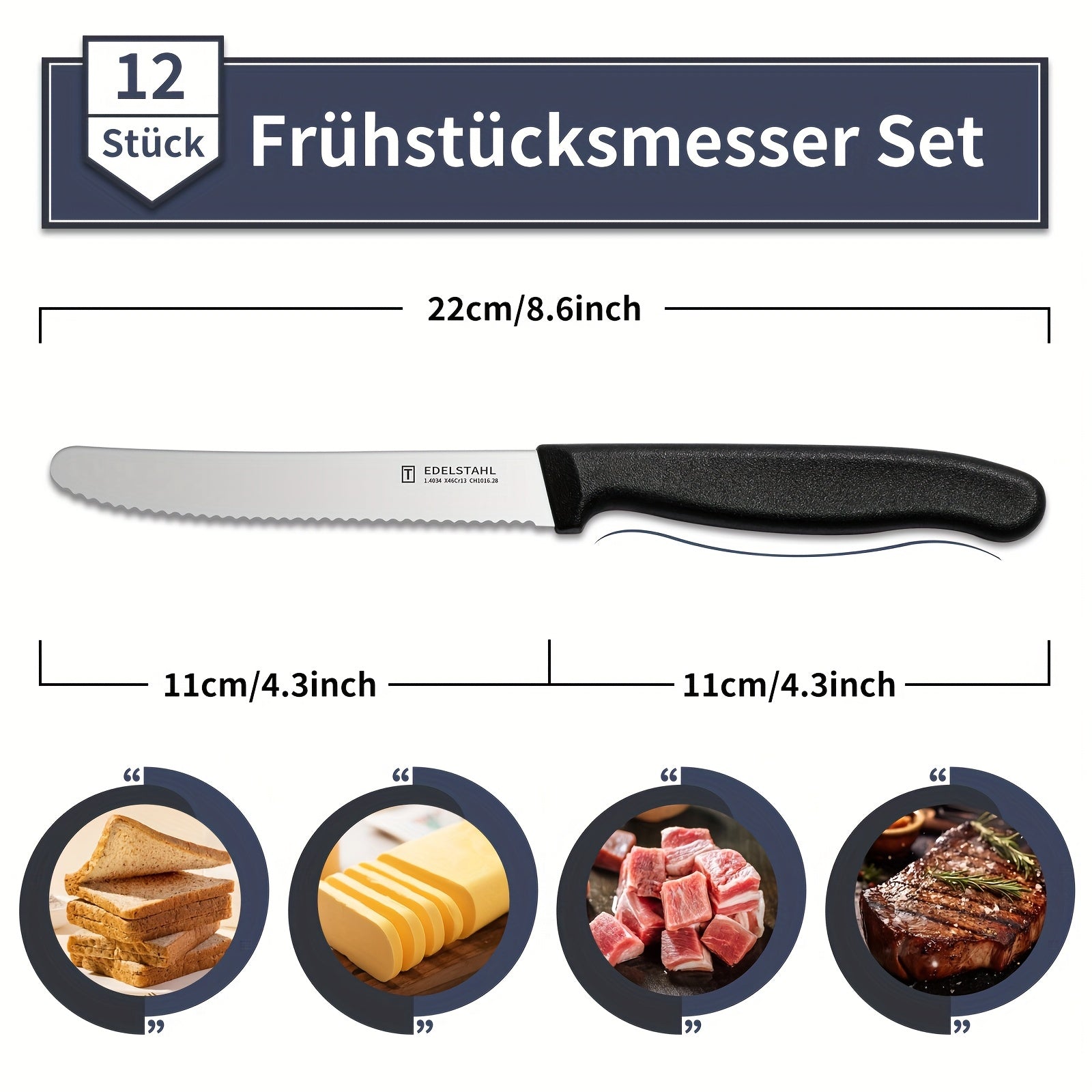 12-Piece Tomato Knife, Snack Knife, Sharp Blade, Corrugated Cut, Breakfast Knife, High Quality Stainless Steel Table Knife, Durable Bread Knife, Sharp Knife, Dishwasher Safe(Black handle) - The Superior Findings Depot