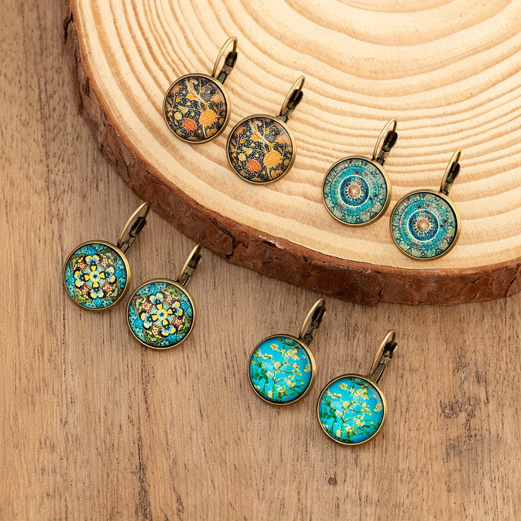 Vintage Ethnic Floral Print Round Dangle Earrings Copper Jewelry Exquisite Gift For Women Girls - The Superior Findings Depot