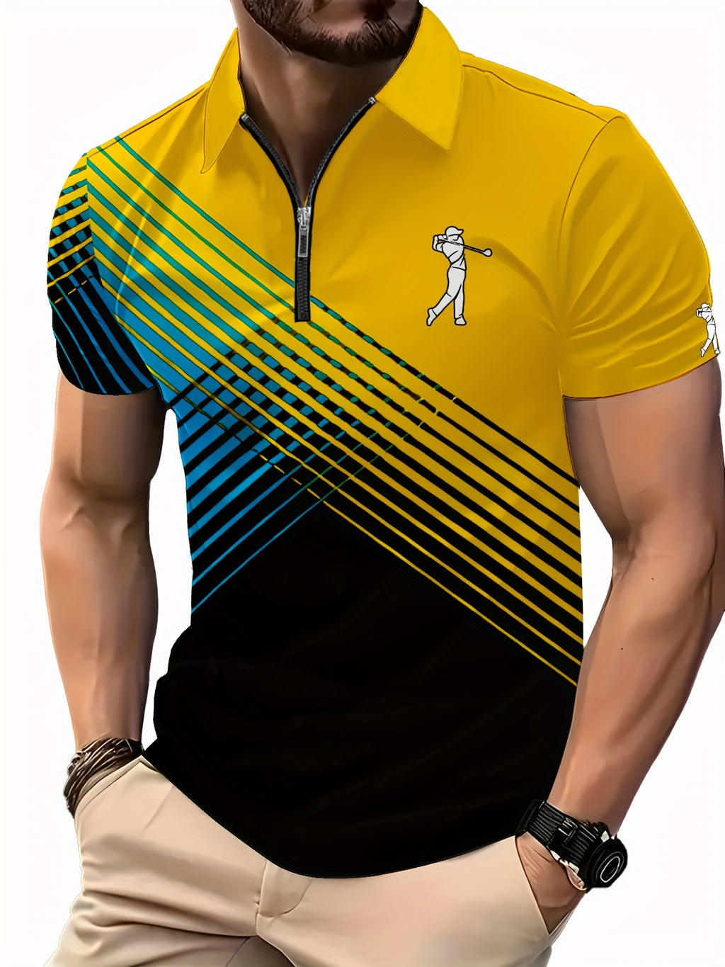 [Neon Polo Shirt] Neon Color Block 3D Digital Print Men's Summer Short Sleeve Polo Shirt | Casual Style, Regular Fit, 100% Polyester, Half Placket, Zipper Detail, Slight Stretch, 150g/m² - Yellow/Blue/Black