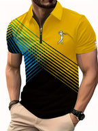 [Neon Polo Shirt] Neon Color Block 3D Digital Print Men's Summer Short Sleeve Polo Shirt | Casual Style, Regular Fit, 100% Polyester, Half Placket, Zipper Detail, Slight Stretch, 150g/m² - Yellow/Blue/Black