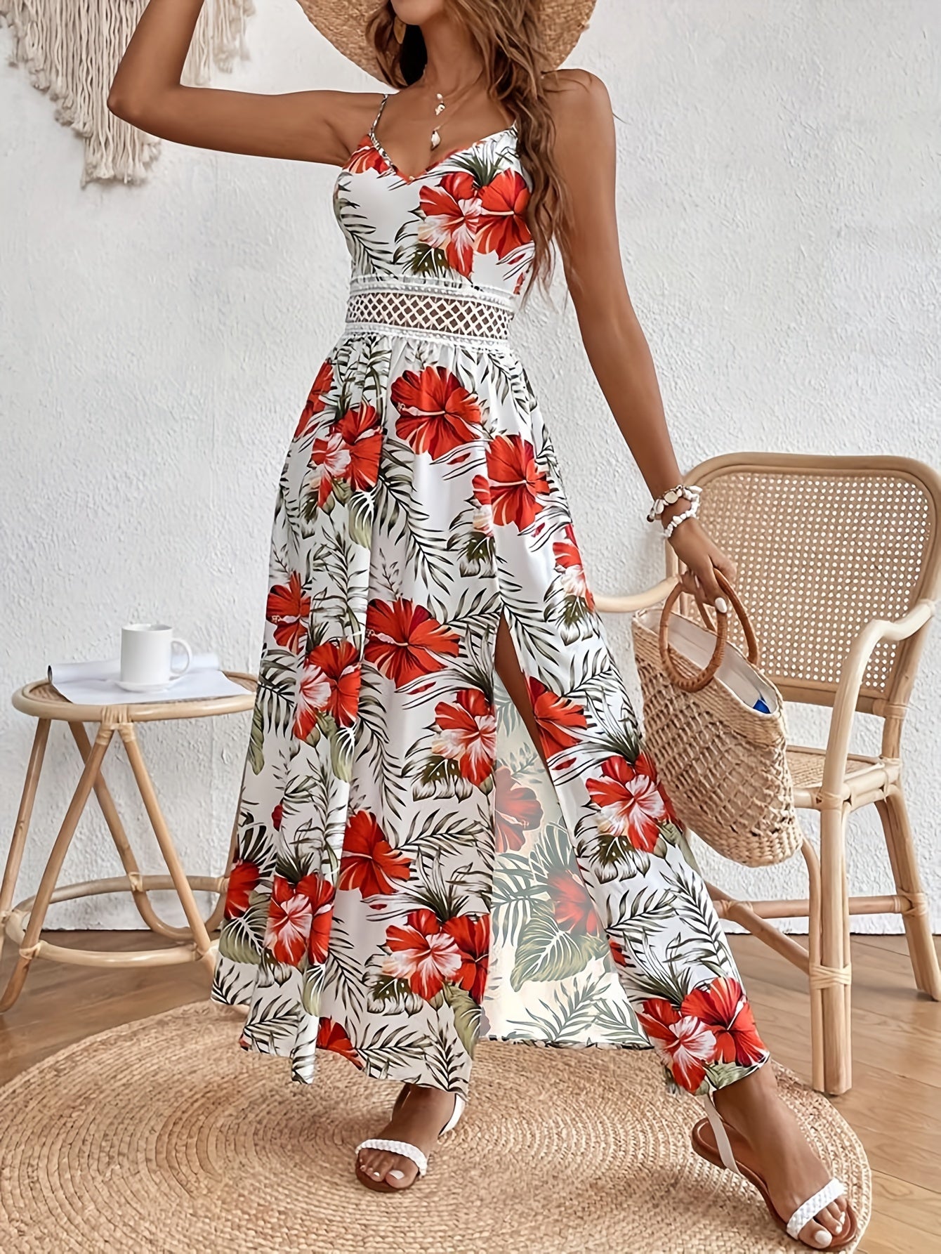Floral Print Spaghetti Strap Dress, Elegant Sleeveless Split Dress For Spring & Summer, Women's Clothing - The Superior Findings Depot