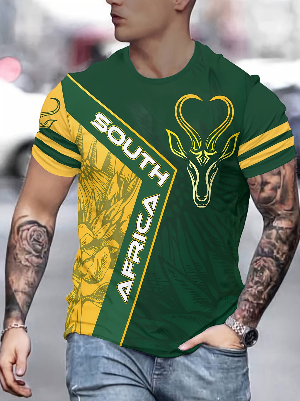 Men's 3D Rhino & African Tribal Print T-Shirt - South Africa Design