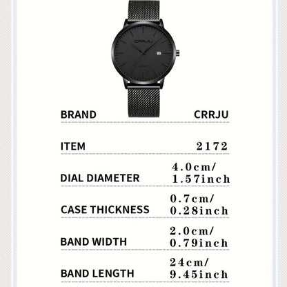 CRRJU Men'S Slim Quartz Watch, Casual Style, Round Zinc Alloy Case, Stainless Steel Strap, Pointer Display, Battery Powered, IPX8 Water Resistant, Non-rechargeable Button Battery