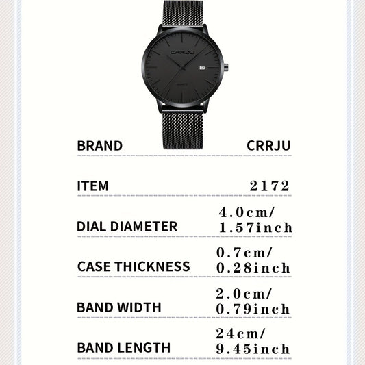 CRRJU Men'S Slim Quartz Watch, Casual Style, Round Zinc Alloy Case, Stainless Steel Strap, Pointer Display, Battery Powered, IPX8 Water Resistant, Non-rechargeable Button Battery