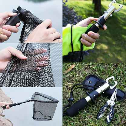 Complete Fishing Tool Set - Nets with Telescopic Folding Landing Net, EVA Handle, Durable Nylon Net Bag, Stainless Steel Fish Controller, and Fishing Pliers for Efficient Catching and Releasing