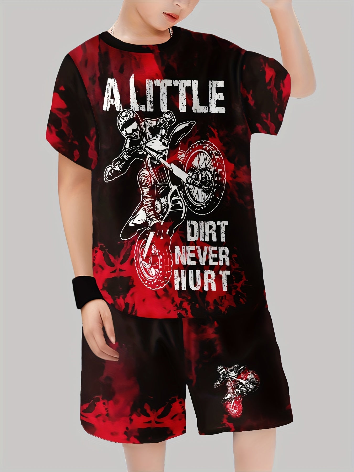 6pcs Boys' Cool Off-Road Motorcycle 3D Print T-Shirt & Shorts Set