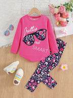 2pcs Girls' Clothing Party Slogan Large Glasses Print Pattern Drop Shoulder Irregular Hem Design Loose Short Sleeve T-Shirt + Floral Print Skinny Nine-Tenths Bottoms Set Girls' Summer Outfit Holiday Gift Girls' Fashion Casual - The Superior Findings Depot