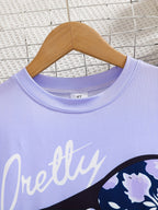 2pcs Girls' Clothing Party Slogan Large Glasses Print Pattern Drop Shoulder Irregular Hem Design Loose Short Sleeve T-Shirt + Floral Print Skinny Nine-Tenths Bottoms Set Girls' Summer Outfit Holiday Gift Girls' Fashion Casual - The Superior Findings Depot