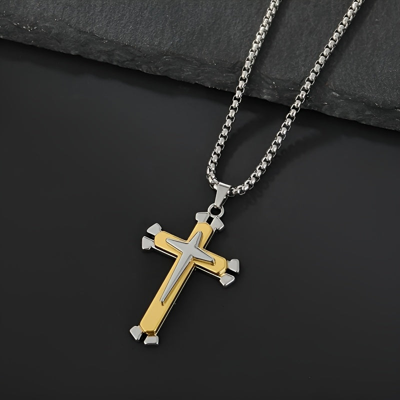 Stylish Cross Pendant Necklace - Cool Multi-Layered Design in 201 Stainless Steel Square Chain - Suitable for Women and Men's Daily Wear, Classic Jewelry Accessory for Outfits, Holidays, Valentine's Day, Mother's Day, Birthda - The Superior Findings Depot