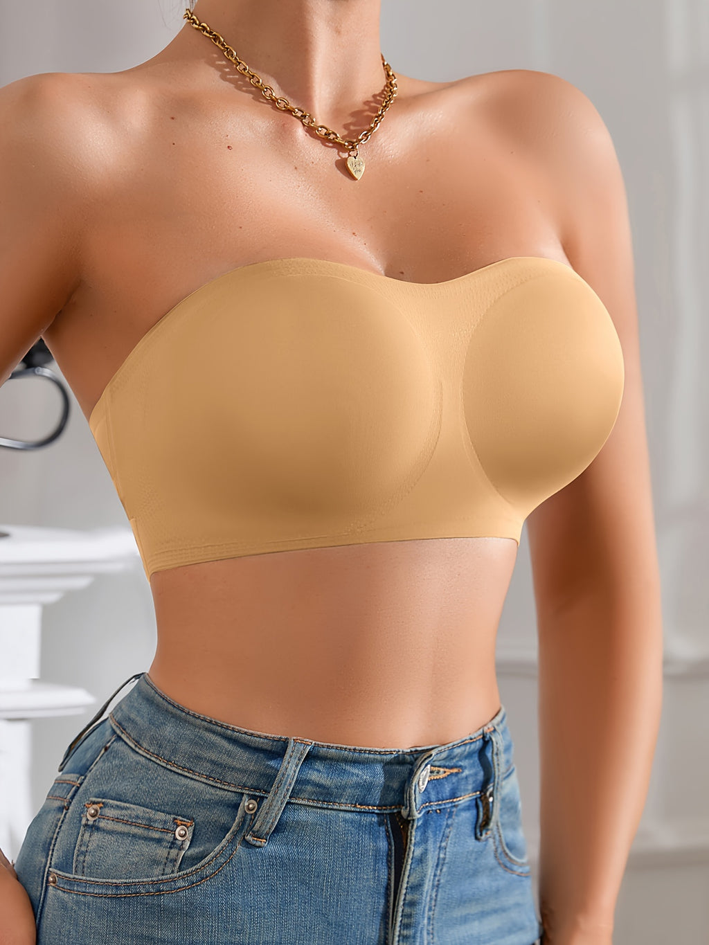 Seamless Strapless Bandeau Bra for Women - Anti-Slip, Cross-Back Design with Side Closure, Wireless & Padded - Comfortable Nylon Blend, Removable Pads for Casual Wear, Plus Size Bra - The Superior Findings Depot