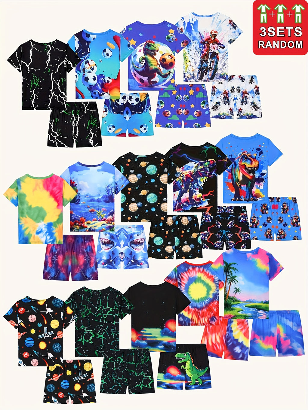 Hot-Selling ' And ' /Loungewear Sets, 3 Sets Randomly Selected. Stylish And Energetic Design, Suitable for All Seasons, Featuring Soccer Balls, Motorcycles, Planets, And Dinosaurs. Skin-Friendly, Soft, And Comfortable., Perfe - The Superior Findings Depot