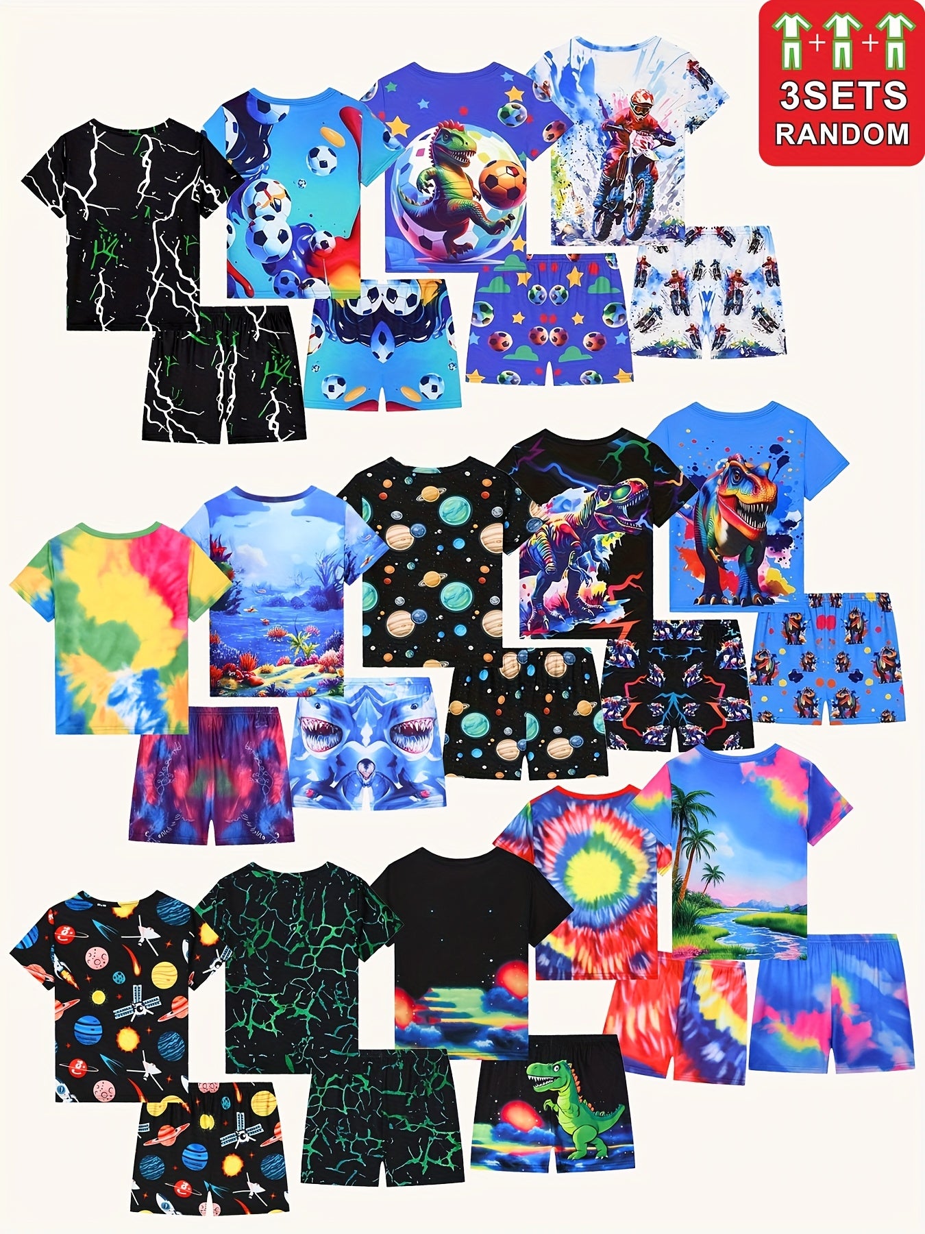 Hot-Selling ' And ' /Loungewear Sets, 3 Sets Randomly Selected. Stylish And Energetic Design, Suitable for All Seasons, Featuring Soccer Balls, Motorcycles, Planets, And Dinosaurs. Skin-Friendly, Soft, And Comfortable., Perfe - The Superior Findings Depot